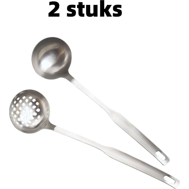 Set Aus 2 Küchenlöffeln Aus Edelstahl Mit Langen Griffen Für Suppen Und Die Zubereitung Von Speisen, Silberfarben