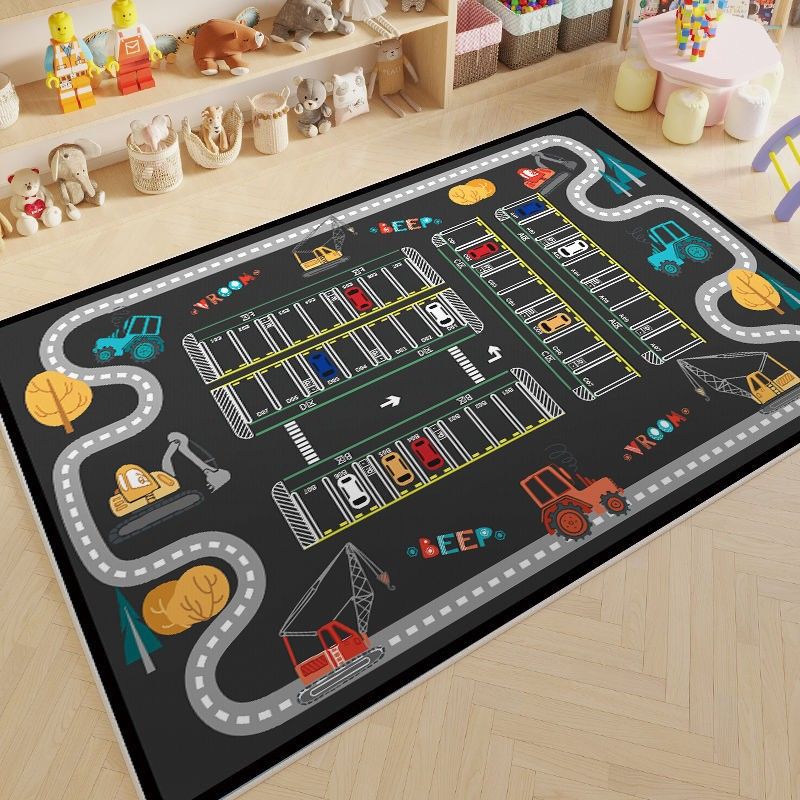 Kinderzimmerteppich, Lustiger Spielteppich Mit Parkplatzmotiv, Teppich Mit Eisenbahnmotiv, Waschbarer Und Rutschfester Kinderteppich - 80x120cm (kristallvelours)