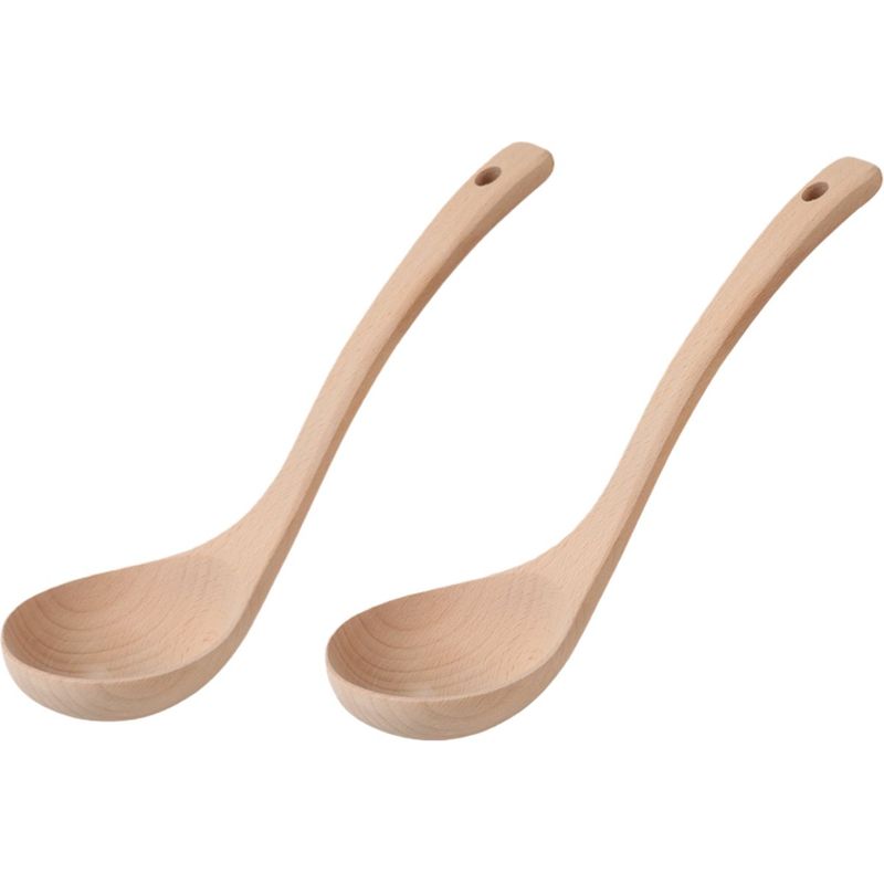 Set Aus 2 Unlackierten Suppenkellen Aus Buchenholz Mit Langen Griffen, 27 X 7,8 Cm, Naturholzfarbe