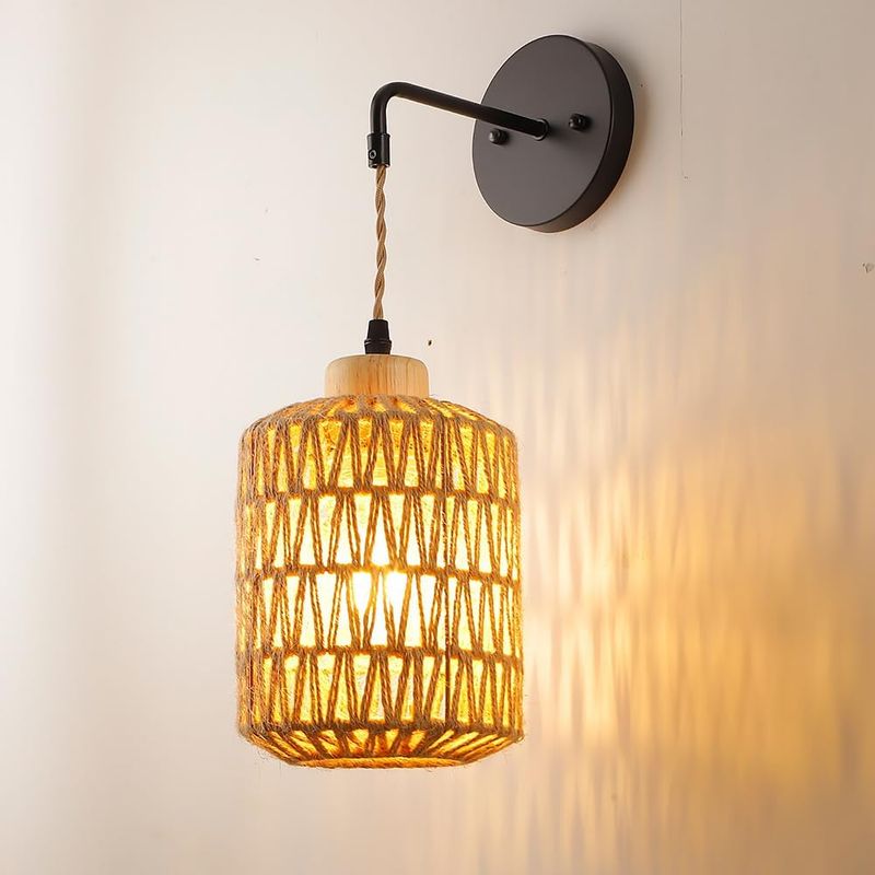 Wandleuchte Aus Böhmischem Rattan (leuchtmittel Nicht Enthalten) – Handgefertigte Wandleuchte Mit Metallschirm Und Handgewebtem Hanfseil Für Schlafzimmer, Wohnzimmer, Flur