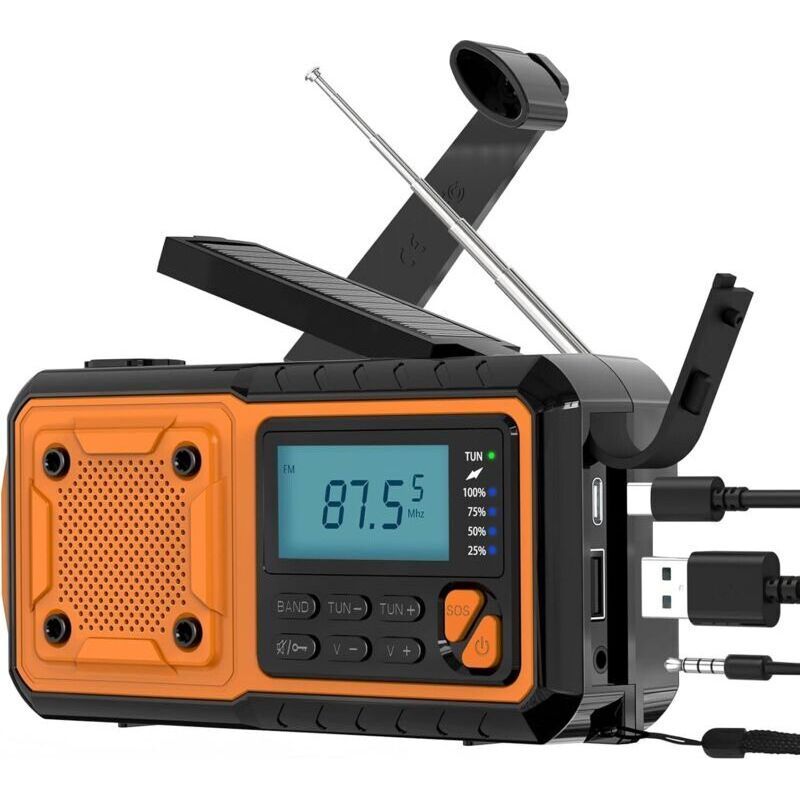 Am/fm-notfallradio Mit Handkurbel – 5-fache Stromversorgung Mit Solarpanel, Usb-c, 4000-mah-akku – Led-taschenlampe Und Sos-funktion