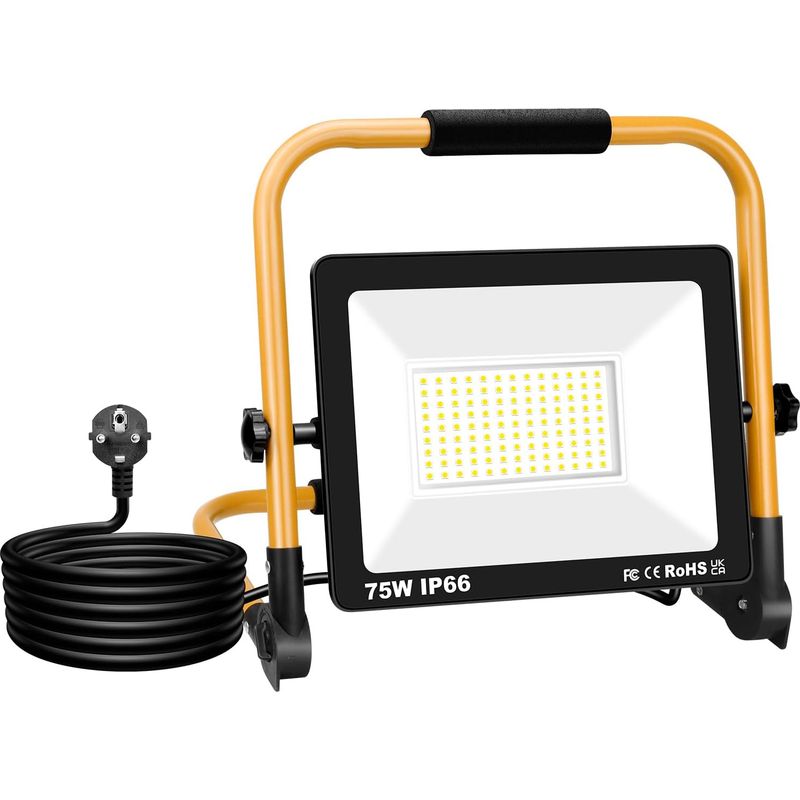 Led-arbeitsleuchte Mit Kabel, 75 W, 7500 Lm, 6500 K Weiß, Wasserdicht (ip66), Tragbar, 360° Drehbar, Für Garage, Werkstatt Und Baustelle