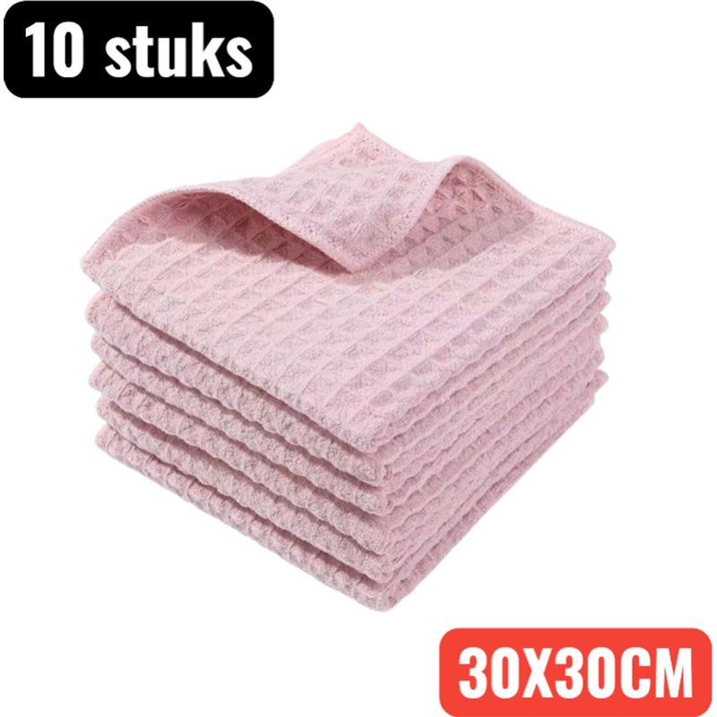 Set Mit 10 Ultra-saugfähigen, Kratzfesten, 30 X 30 Cm Großen Waffel-mikrofasertüchern In Rosa
