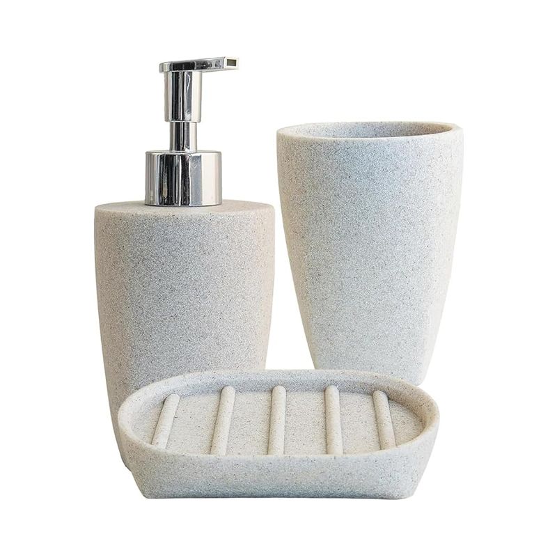 Komplettes Badezimmer-set Der Sand-serie Mit Seifenspender, Seifenschale, Zahnbürstenhalter, Badewannenglas Und Flüssigseifenschale Aus Kunstharz In Steinoptik.