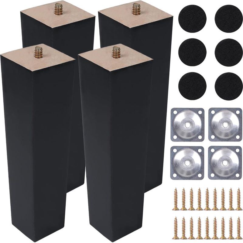 Stück Schwarze Holzmöbelbeine, 30 Cm, Bettbeine Mit Montageplatte, Schrauben, Quadratischen Filzgleitern, Konische Möbelbeine Für Sofa, Kleiderschrank, Bett, Tv-ständer, Kommode, Sessel
