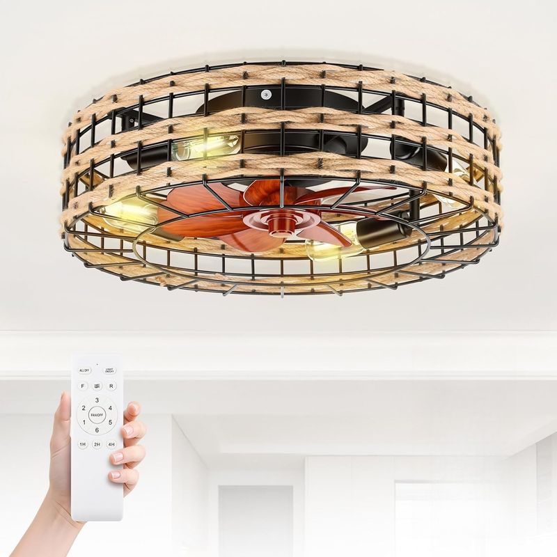 50 Cm Einbau-deckenventilator Im Rattan-design Mit Beleuchtung, Leiser Gleichstrommotor, Fernbedienung, Leuchtmittel Nicht Enthalten, Khaki