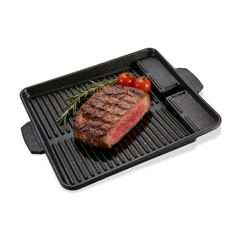 Rechteckige Grillplatte 32 × 26 Cm – Kochplatte Mit Fettauffangschale Für Gasherd, Campinggrill, Innen- Und Außenbereich
