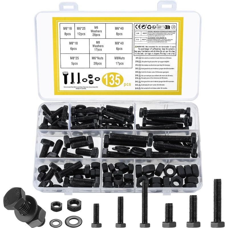 135-teiliges Schrauben- Und Mutternset, M6- Und M8-schrauben, Bolzen, Muttern Und Unterlegscheiben, Sechskantschrauben, Sechskantschrauben Für Fahrrad-, Motorrad- Und Autoreparaturen, Schwarz