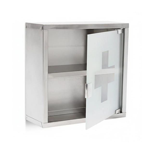 Medizinschrank Emergency, Edelstahl/glas, Hxbxt:30x30x12cm, Abschließbar, 2 Ablagen, Apothekerschrank, Silber - Relaxdays