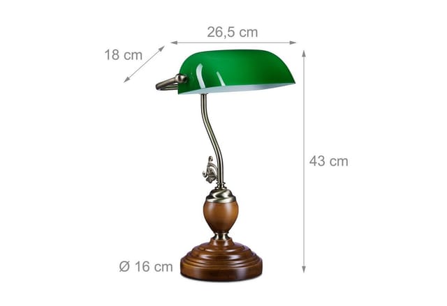 Bankerlampe Holzfuß, Retro Schreibtischlampe, Messing-optik, Hxbxt:26,5x43x18cm, Holz/glas/metall, Grün - Relaxdays