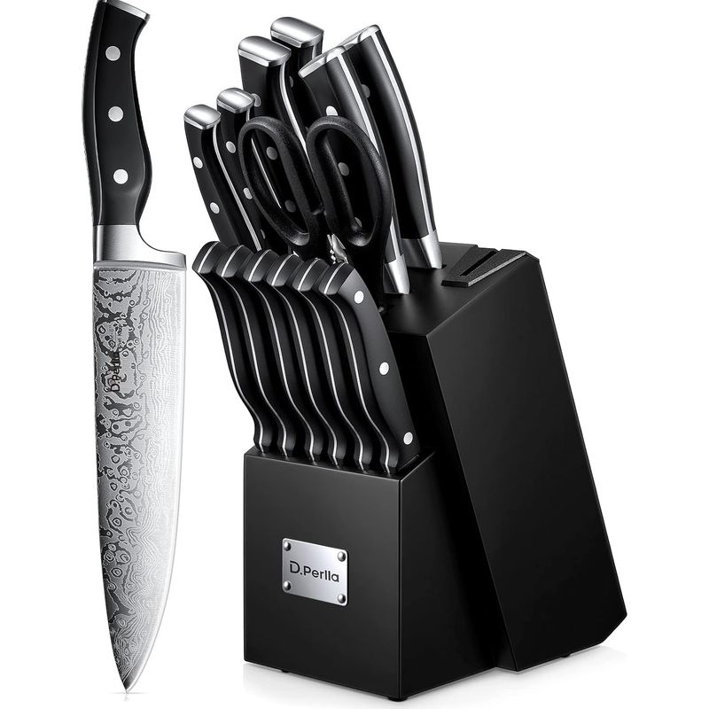 Küchenmesserblock Mit Integriertem Messerschärfer, Schwarzer Holzblock, Messer Und Schere, Edelstahl, Schwarzer Griff