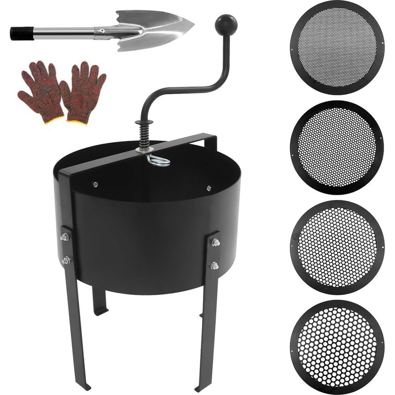 Kurbelgartensieb Aus Metall, 30 Cm Durchmesser, Mit 4 Austauschbaren Sieben (3/6/9/12 Mm) Für Die Gartenarbeit: Erde, Kompost, Unkraut, Sand.