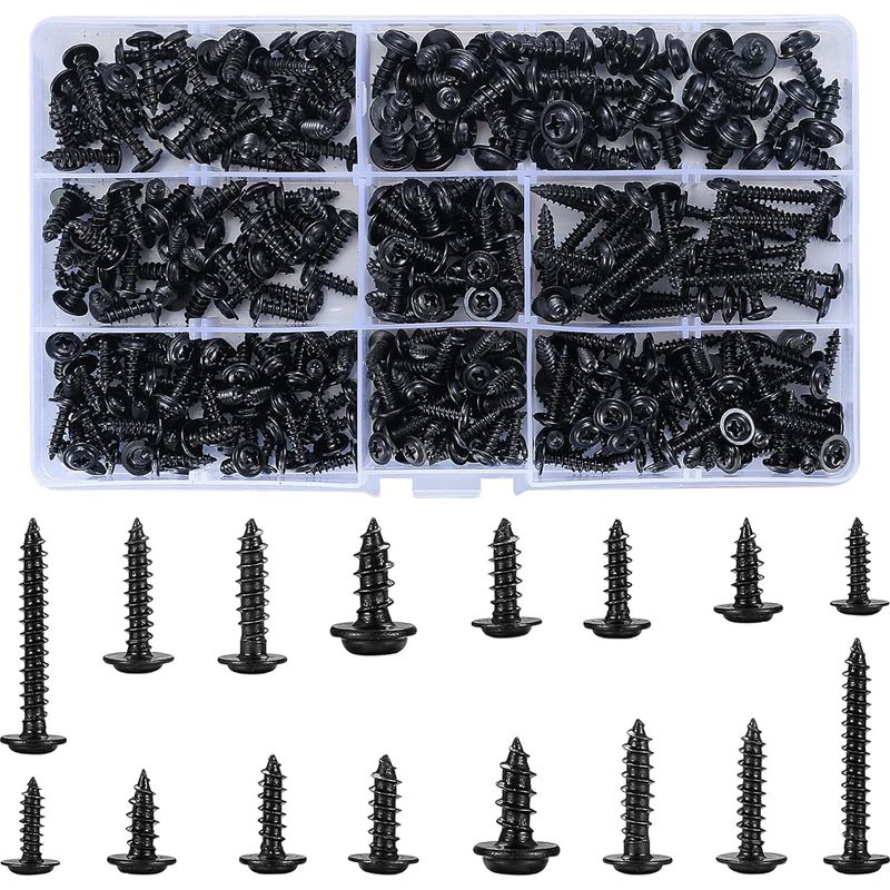 Inhhub 350-teiliges Set Selbstschneidender Schrauben, Selbstbohrende Schrauben Aus Kohlenstoffstahl, Schwarze Holzschrauben, Rundkopfschrauben-set, Phillips-flachkopfschrauben Für Metall, Holz Und Wei