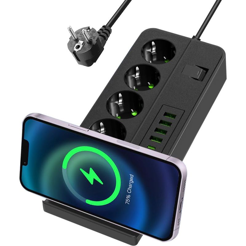 11-in-1-steckdosenleiste Mit Überspannungsschutz, 4 Steckdosen Und 6 Usb-anschlüssen, Kabelloses Laden, 2 M Kabel, Schwarz