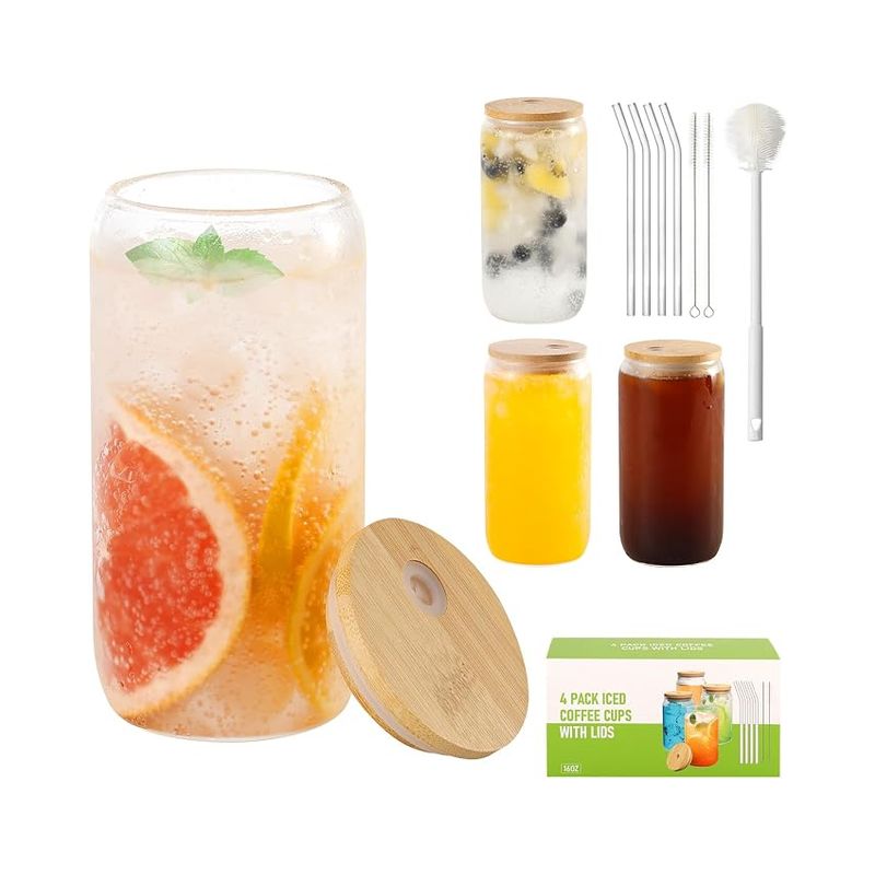 Gläserset Mit Deckel Und Bambusstrohhalm – Biergläser, Eiskaffeegläser, Teegläser, Cocktailgläser, Gläser Für Frische Säfte – Inklusive Reinigungsbürste