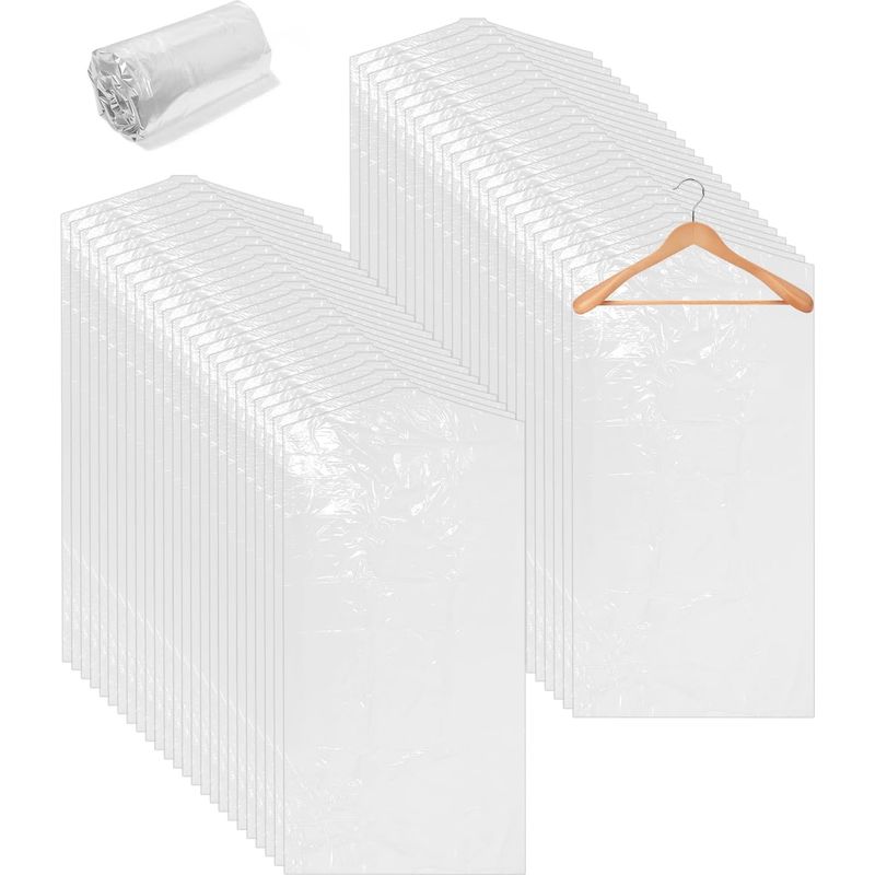 Packung Mit 50 Transparenten Kleidersäcken Aus Kunststoff, 60 X 120 Cm, Zum Aufhängen Von Kleidung, Als Reinigungssäcke, Kleidersäcke Und Staubschutz Für Anzüge.