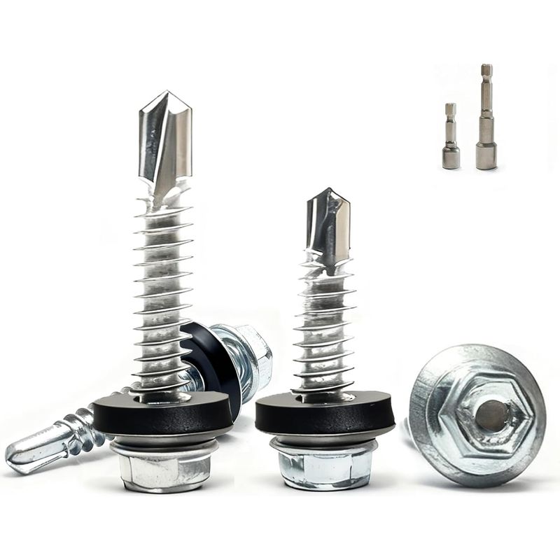 Los Mit 150 Stück Trapezförmigen 5,5 X 25 Mm. Silberne Selbstschneidende Schrauben Mit Verbindungsstück Und 2 Sechseckigen, Verzinkten Schrauben