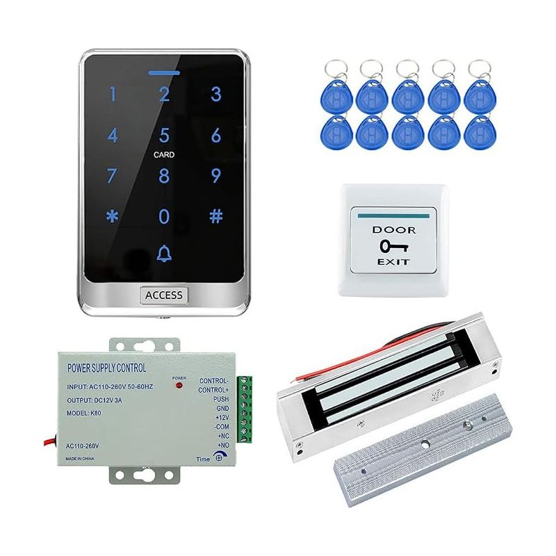 Rfid-touchscreen-zutrittskontrollsystem, Wasserdicht, Für Den Außenbereich, 125 Khz, Tastatur, Kartenleser, Unabhängig, 180 Kg/350 Lbs, Elektrisch-magnetisches Schloss (nc), 12 V/3 A Netzteil, Tasten,