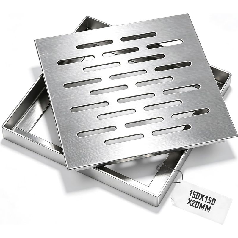 Edelstahl-ablaufgitter Mit Rahmen, Quadratisch 150 X 150 X 20 Mm, Rutschfest, Ideal Für Garten, Terrasse, Badezimmer Und Außenbereiche.