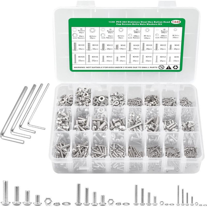 Inhhub 1440-teiliges Schrauben- Und Mutternset, 304 Edelstahl-rundkopfschrauben Mit Innensechskant (m2, M3, M4, M5) Und 4 Schraubenschlüssel Für Elektronik
