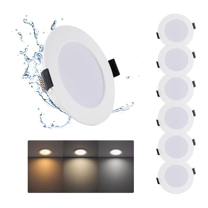 Set Mit 6 Led-einbaustrahlern, 12 W, Ø 120–130 Mm, 3-farben-lichtfarbe, Schutzart Ip44, Rund, Warmweiß/neutralweiß/kaltweiß 3000 K/4000 K/6500 K, Für Küche Und Bad