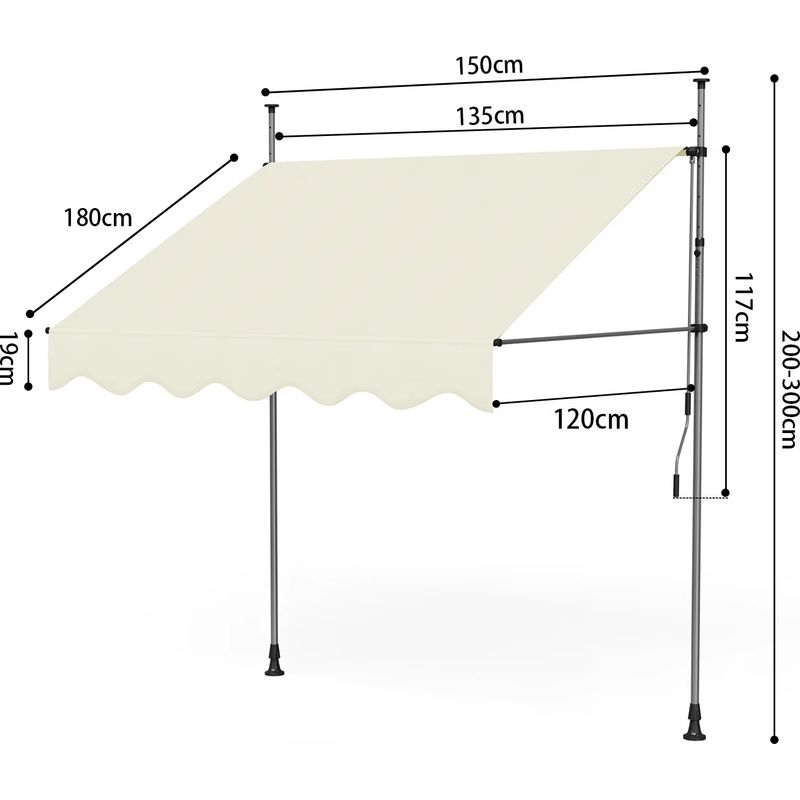 Manuelle Markise – 150×120 Cm – Weiß – Einziehbar – Höhen- Und Neigungsverstellbar – Kein Bohren Erforderlich – Terrasse/balkon/garten