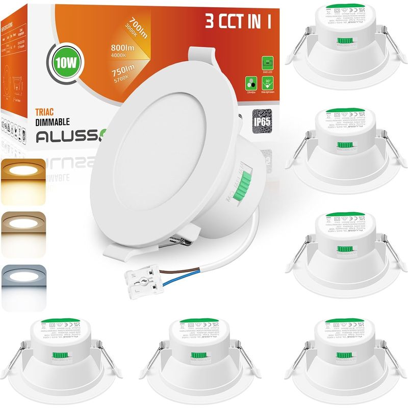 Led-einbaustrahler, 10 W, Dimmbar, 230 V, Ip65, Einstellbare Farbtemperatur (3000 K, 4000 K, 5700 K), 95 Mm Durchmesser, Lochdurchmesser 65–88 Mm, Deckenbeleuchtung Für Bad Und Wohnzimmer, 6er-pack, W
