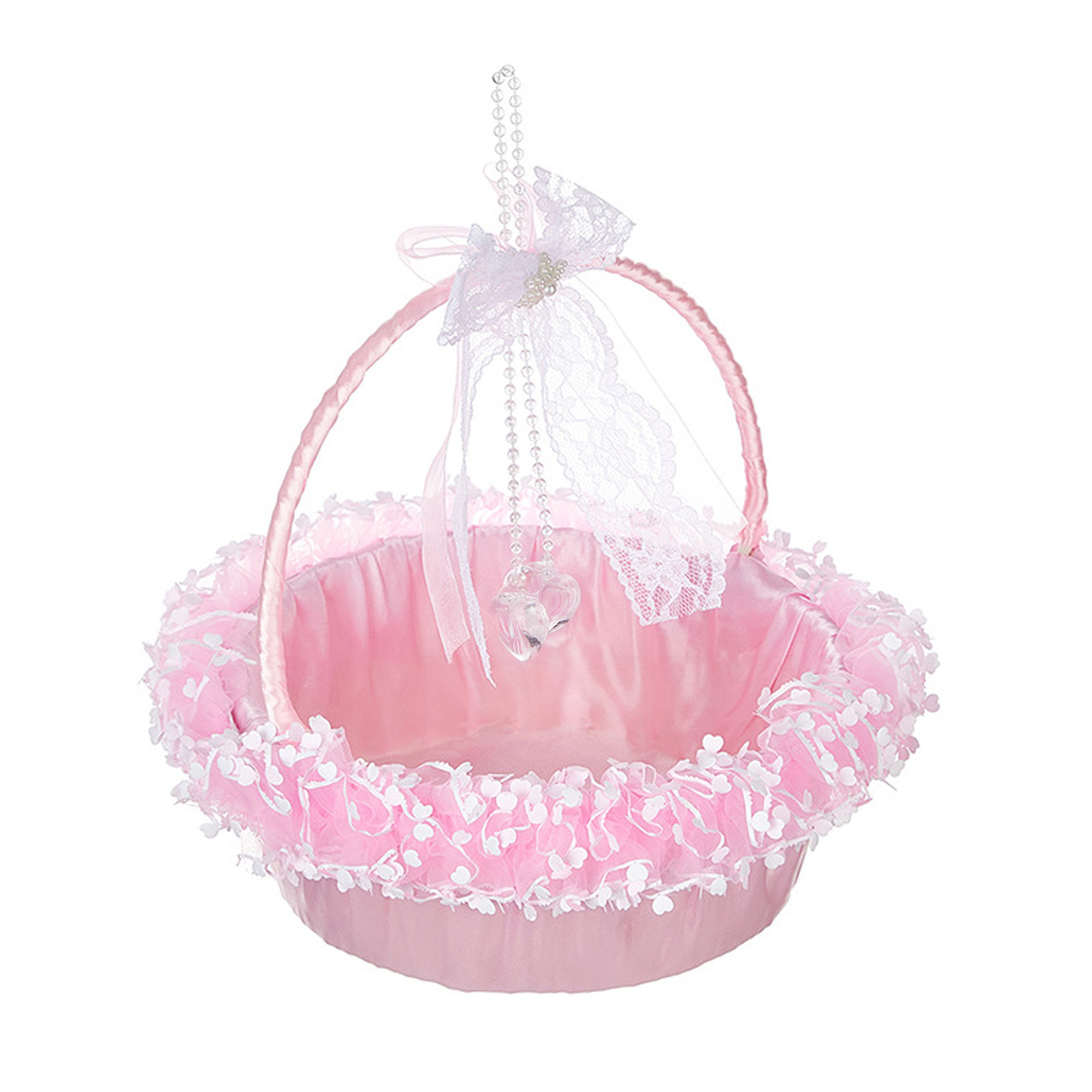 Ein Wunderschöner, Sofort Einsatzbereiter Weißer Blumenkorb, Ideal Für Brautjungfern, Die Bei Einer Hochzeit Blumen Streuen. Metallgestell, Stoffkorb (rosa Korb Mit Blumenanhänger + 2 Beutel Mit Blaue