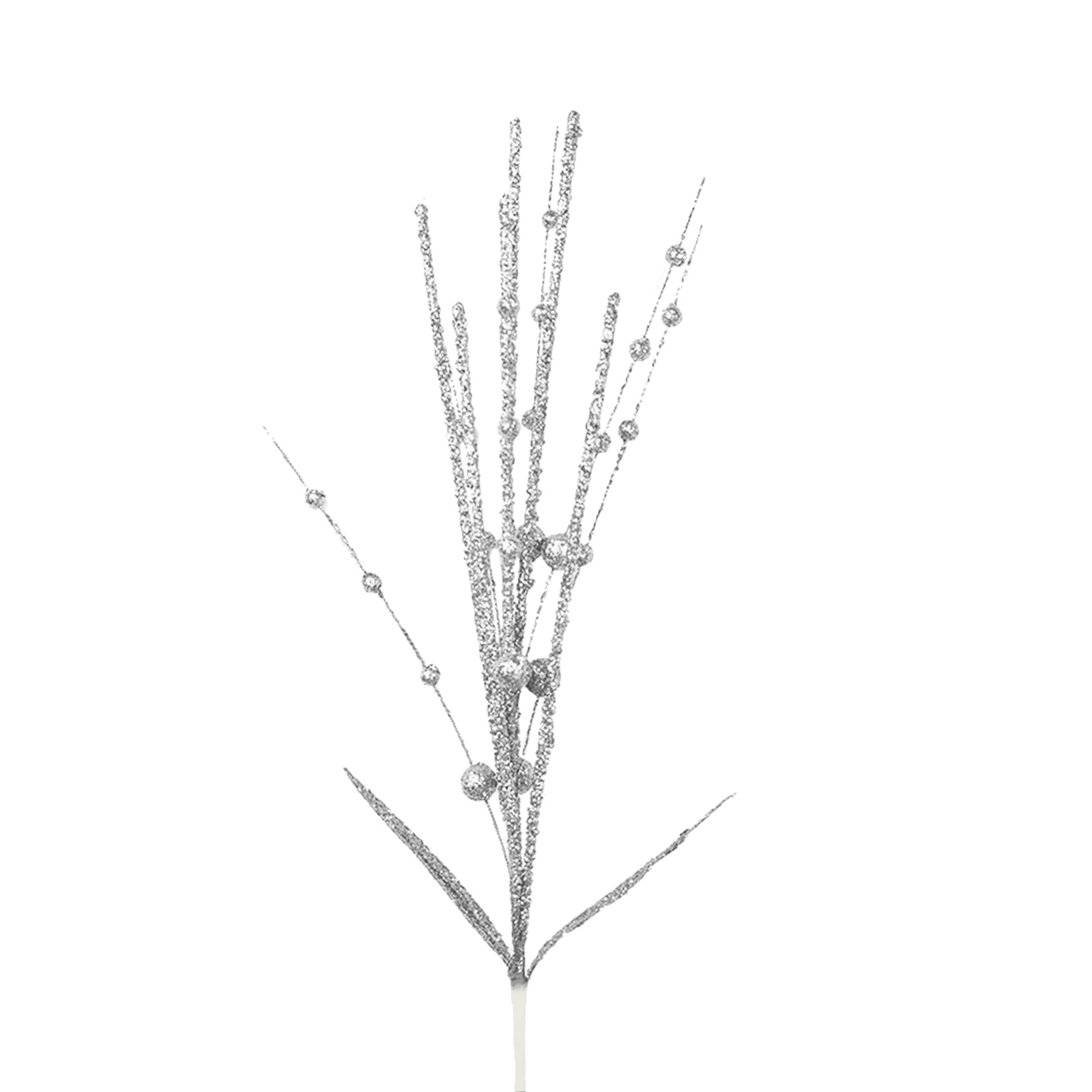 Künstlicher, Glitzernder Beerenstiel Mit 6 Zweigen, 60 Cm Lang, Und 2 Blättern, Ideal Zur Dekoration Von Tisch Oder Wohnung. Silberfarben.