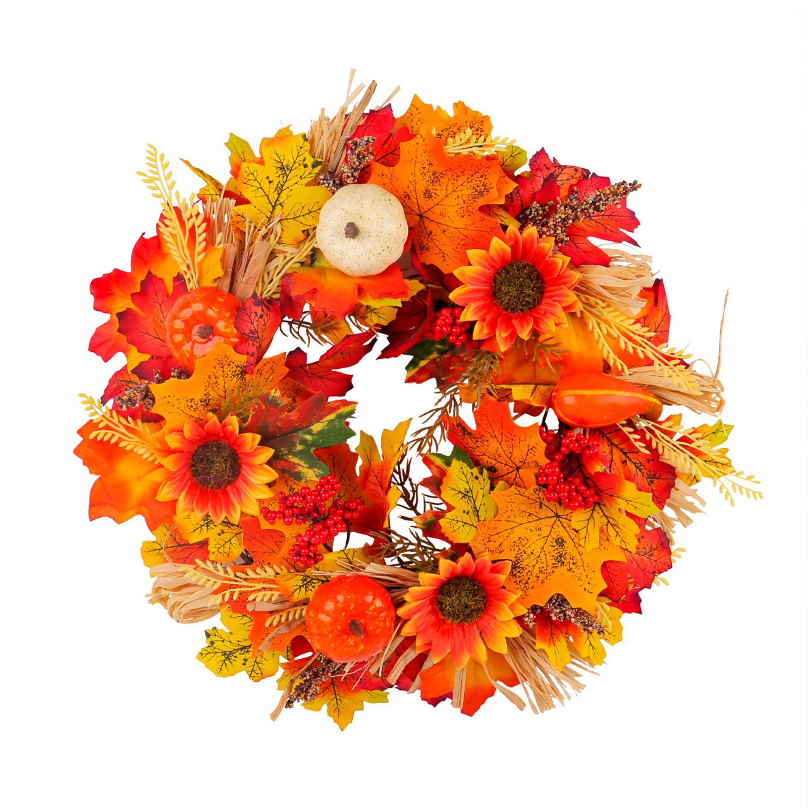 Künstlicher Rustikaler Herbstkranz Mit Ahornblättern, Kürbis Und Sonnenblume Für Die Haustür