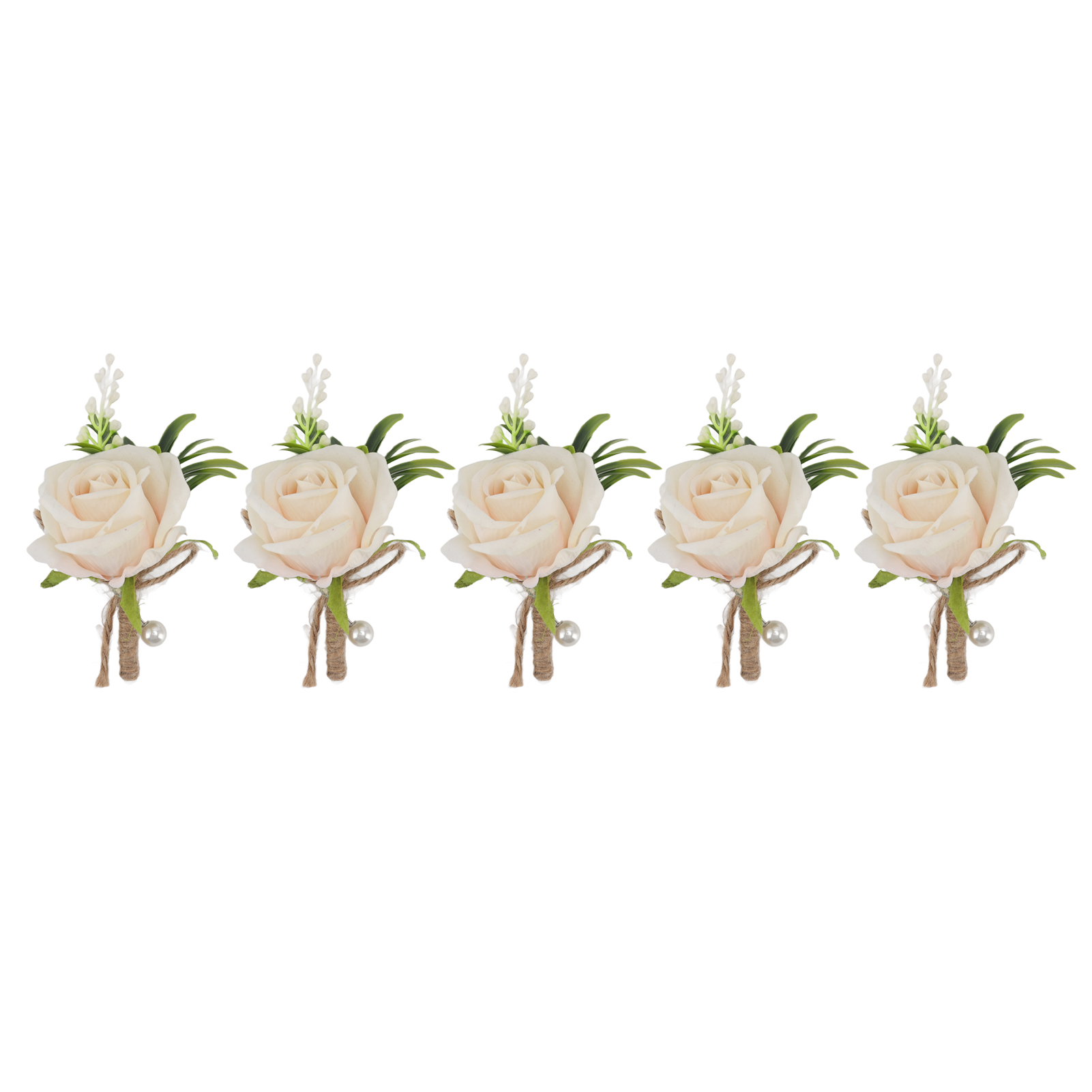 Set Aus 5 Ansteckblumen Für Die Hochzeit Mit Sicherheitsnadeln Und Künstlichen Plastikblumen, Für Braut Und Bräutigam, Champagnerfarben.