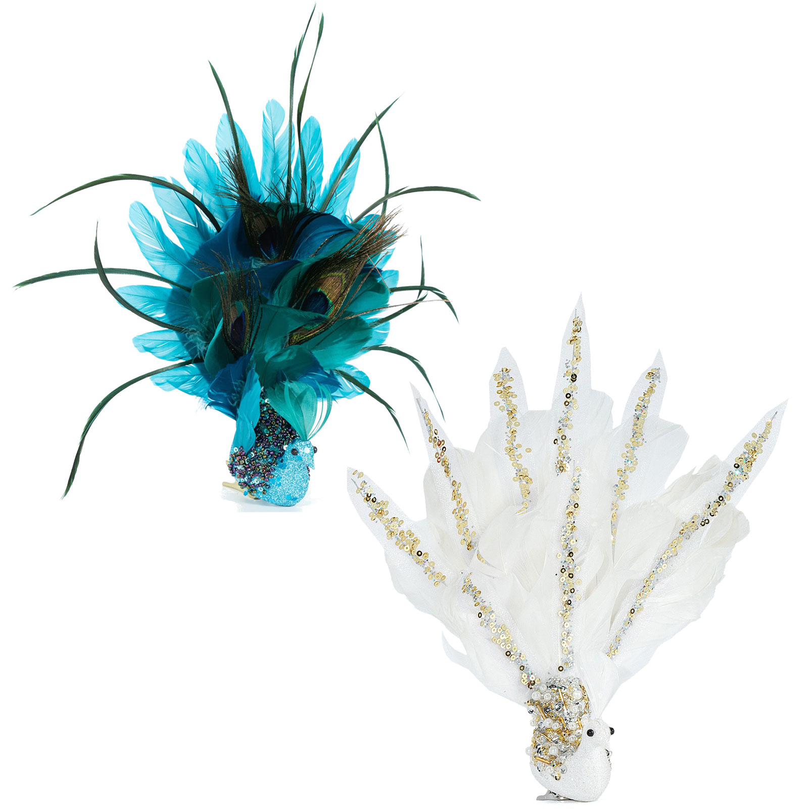 Set Aus 2 Künstlichen Pfauen Mit Glitzernden Federn, Weihnachtsbaumschmuck Mit Clips Und Langem Schwanz, Für Bastelarbeiten, Heimdekoration, Hochzeiten, Partys (blau Und Weiß).