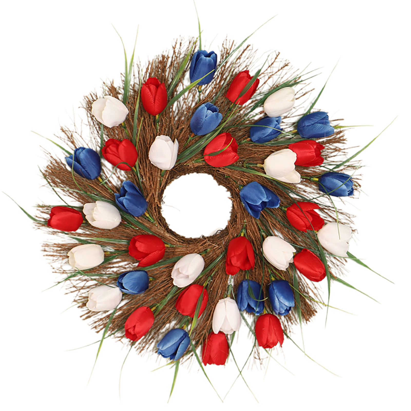 Künstlicher Tulpenkranz, 40 Cm, Kunstvoll Gestalteter Blumenkranz, Blumendekoration Zum Aufhängen An Tür Oder Wand, Innendekoration Zum Aufhängen An Der Tür (rattan-tulpe - Rot, Weiß Und Blau, 40 Cm)