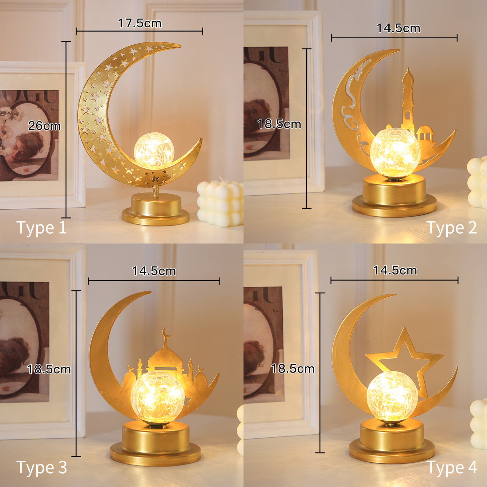 Eid-ramadan-nachtlicht, Mondförmige Schreibtischlampe Aus Eisen, Ramadan-eid-mubarak-schreibtischlampe, Halbmondförmige Led-lichterkette, Dekorative Led-lichter Im Muslimischen Stil Für Die Tischdekor