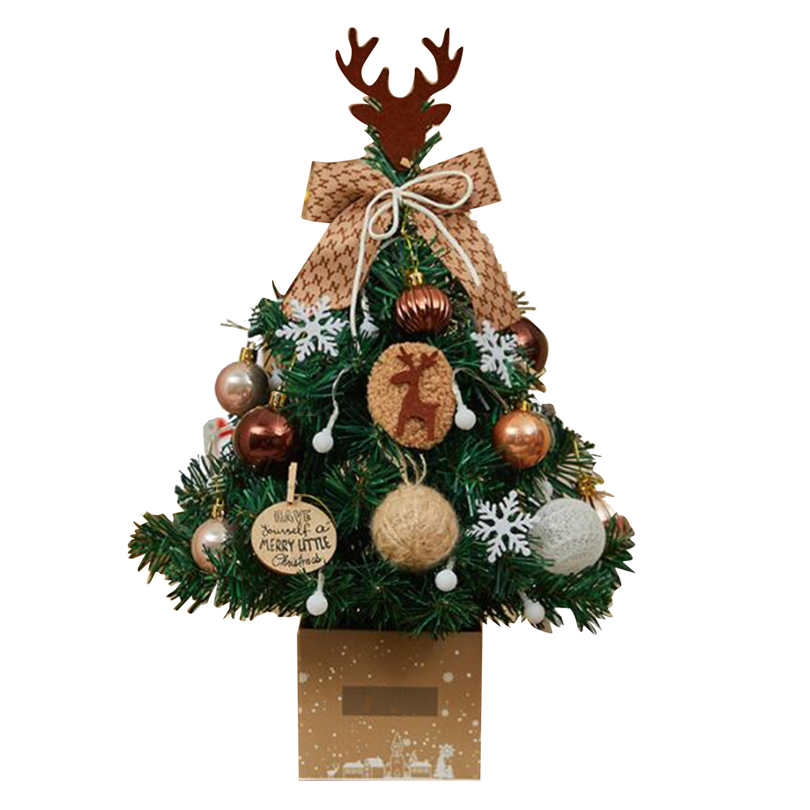 Mini-weihnachtsbaum Mit Hirschgeweih Und Verstellbarer Lichterkette, Tischdekoration, 50 Cm, Khaki
