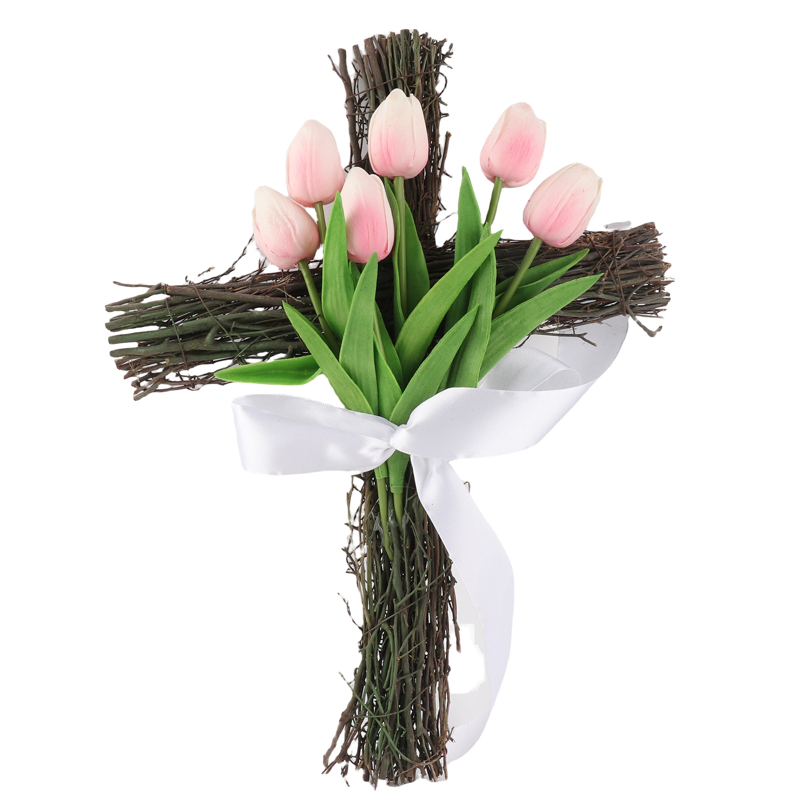 Osterkranz Mit Kreuz Und Tulpen, Dekorativer Frühlingskranz Zum Aufhängen Für Die Haustür