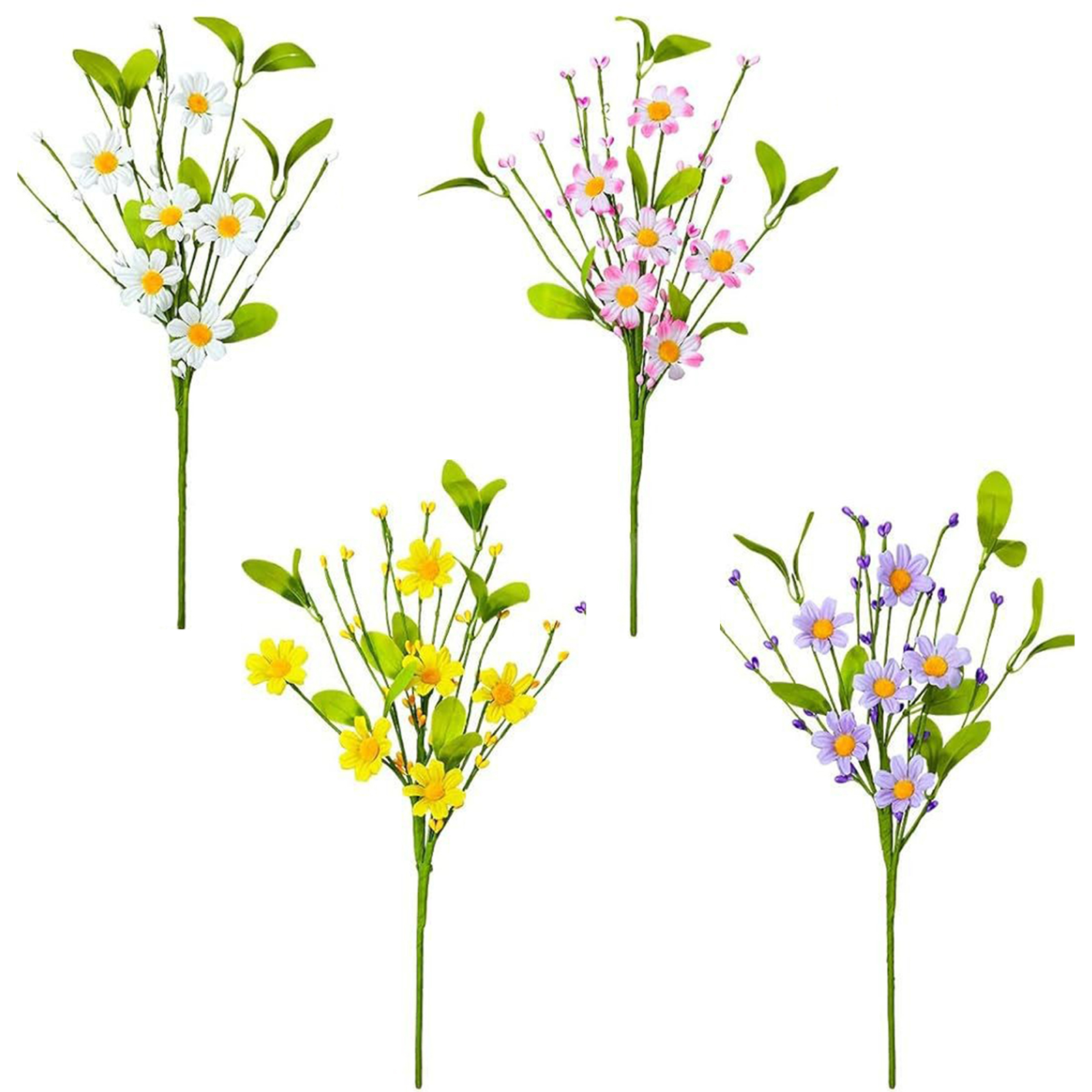 Set Aus 4 Künstlichen Grünen Frühlingspflanzen, Künstlichen Gänseblümchen, Europäischen Wildblumenstecklingen, Ornament Mit Beerenstielen Und Grünen Blättern (weiß + Rosa + Gelb + Hellviolett)