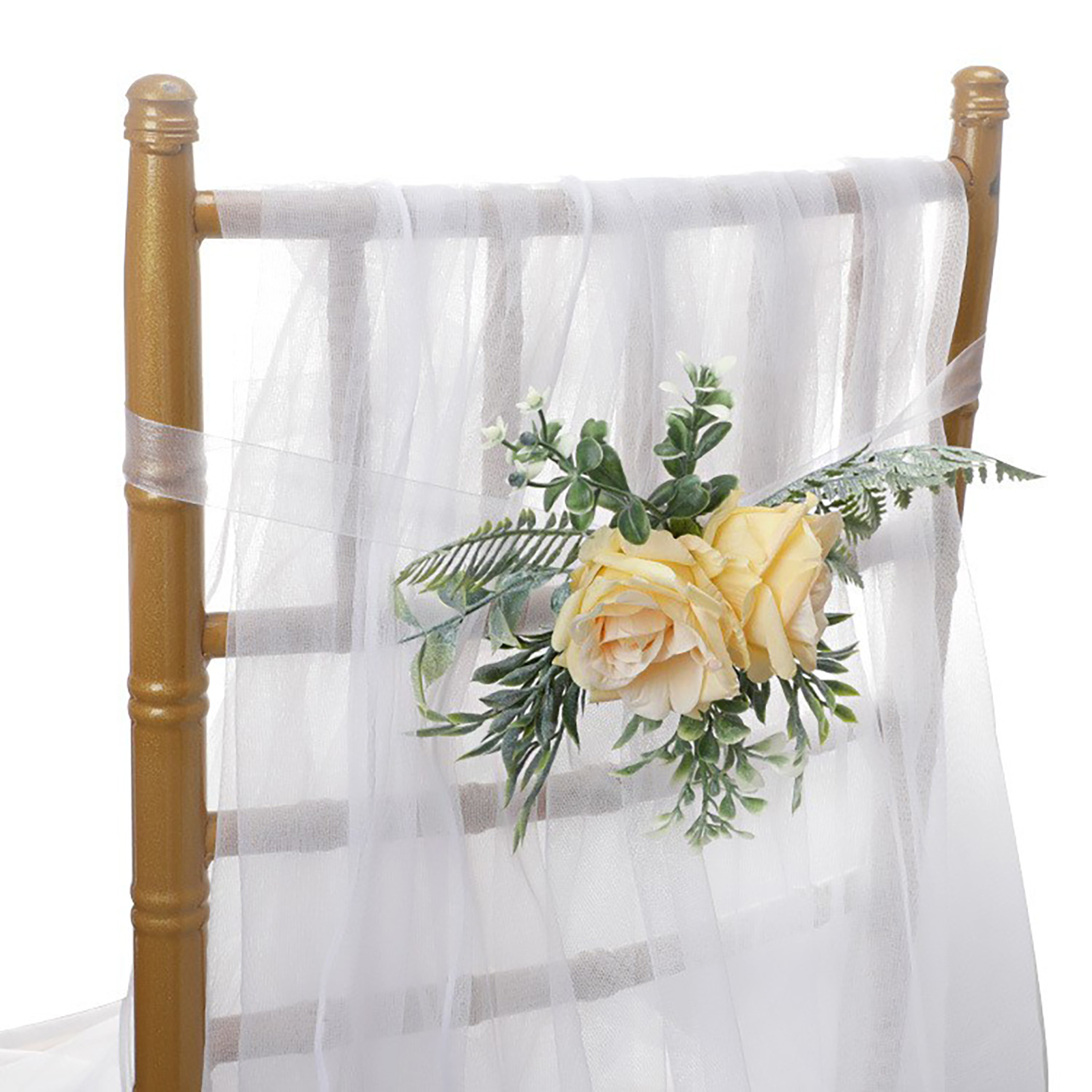 Set Bestehend Aus 2 Weißen Netzstoffen (je 1,5 M) + 2 Blumenarrangements Für Stuhllehnen (elegantes Gelb) – Dekorative Waldblumen Für Stuhllehnen, Künstliche Rosen, Tischbouquet Mit Netzstoff, Blumend