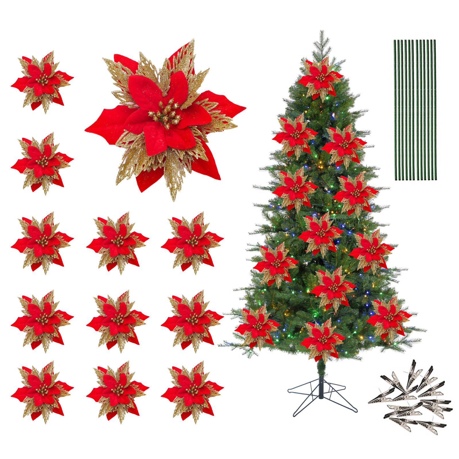 Set Mit 12 Künstlichen Weihnachtsbaumblüten Mit Stielen Und Clips, Rot Und Gold, Zur Weihnachtsdekoration.