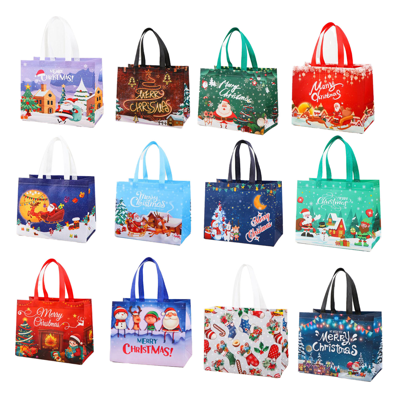 Set Mit 12 Großen, Wiederverwendbaren Weihnachtsgeschenktüten Mit Henkeln Aus Vliesstoff Zum Verpacken Von Weihnachtsgeschenken.