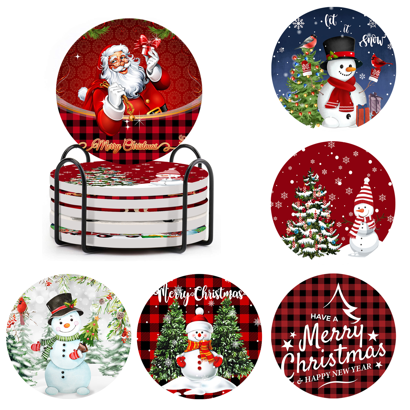 6 Weihnachtliche Keramikuntersetzer Mit Eisenhalterung, 9,9 X 9,9 Cm, Saugfähig, Für Getränke, Geeignet Für Küche, Wohnzimmer Und Esstisch