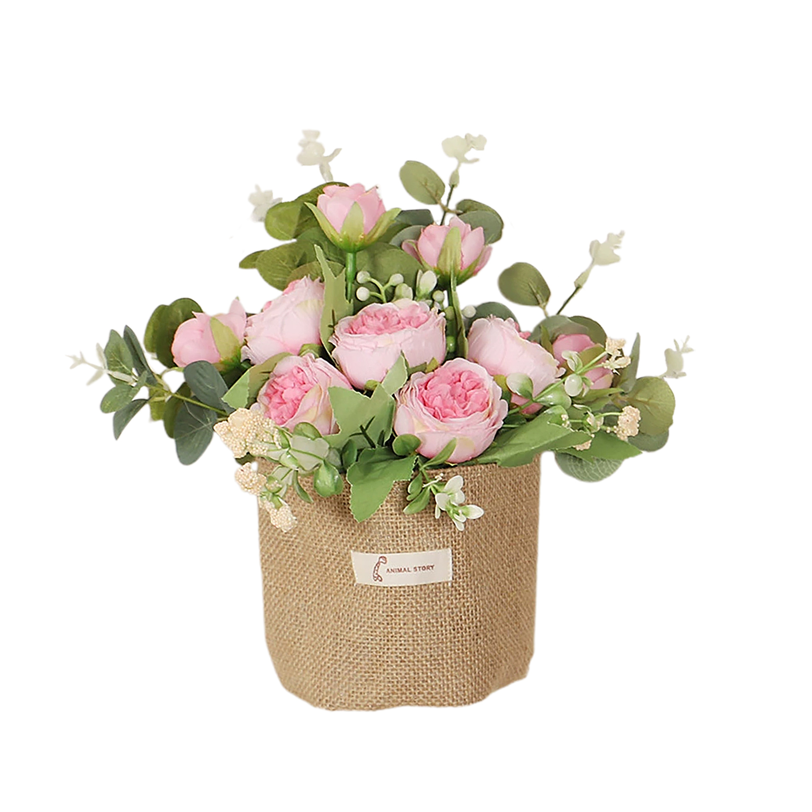 [leinen-wandbehang Mit Pfingstrosen Und Eukalyptus – Rosa] Leinen-hängebeutel Mit Künstlichen Pfingstrosen Und Rosen, Ideal Für Hochzeiten Und Als Blumendekoration Für Zuhause. Künstliches Blumenarran
