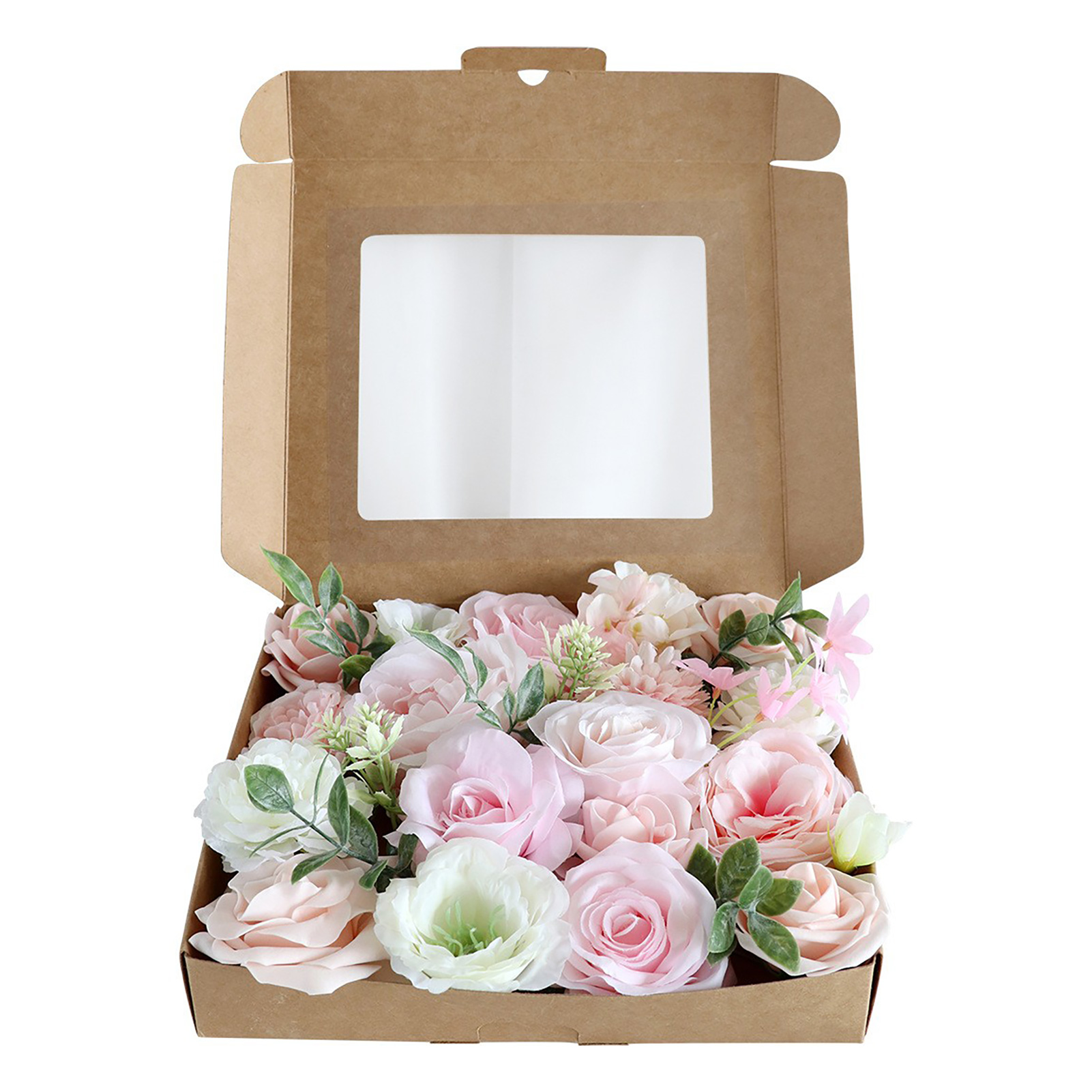 [schachtel Mit Rosa Und Weißen Rosen] Künstliche Blumen Mit Stielen, Diy-hochzeitsdekoration, Brautstrauß, Blumengeschenkbox Mit Hochzeitsfigur
