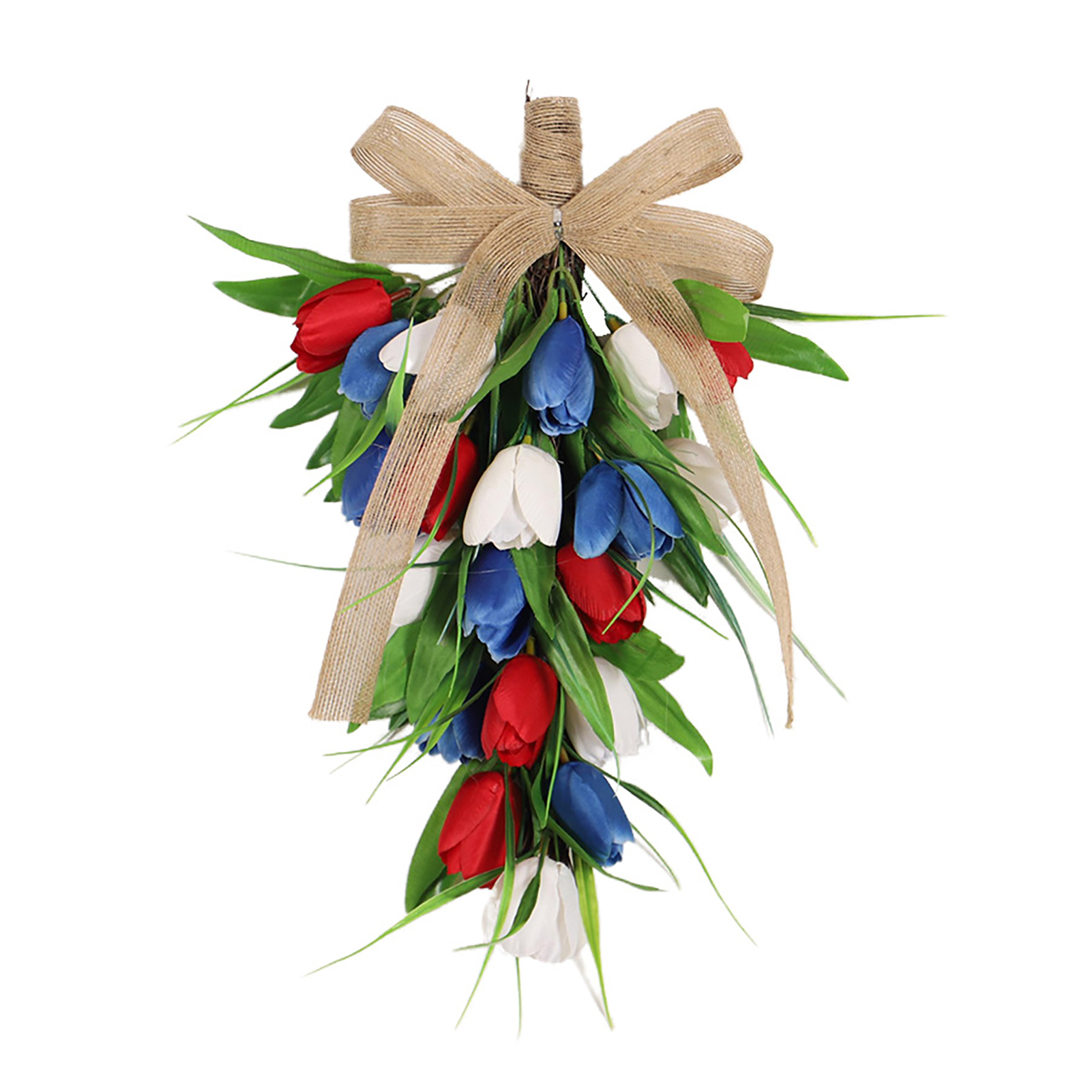 【hängender Blumenbaum In Form Einer Walnussschleife – Ohne Beleuchtung】 Kranz Aus Roten, Weißen Und Blauen Künstlichen Tulpen, Wanddekoration Für Frühling Und Sommer. Hängender Künstlicher Blumenbaum.