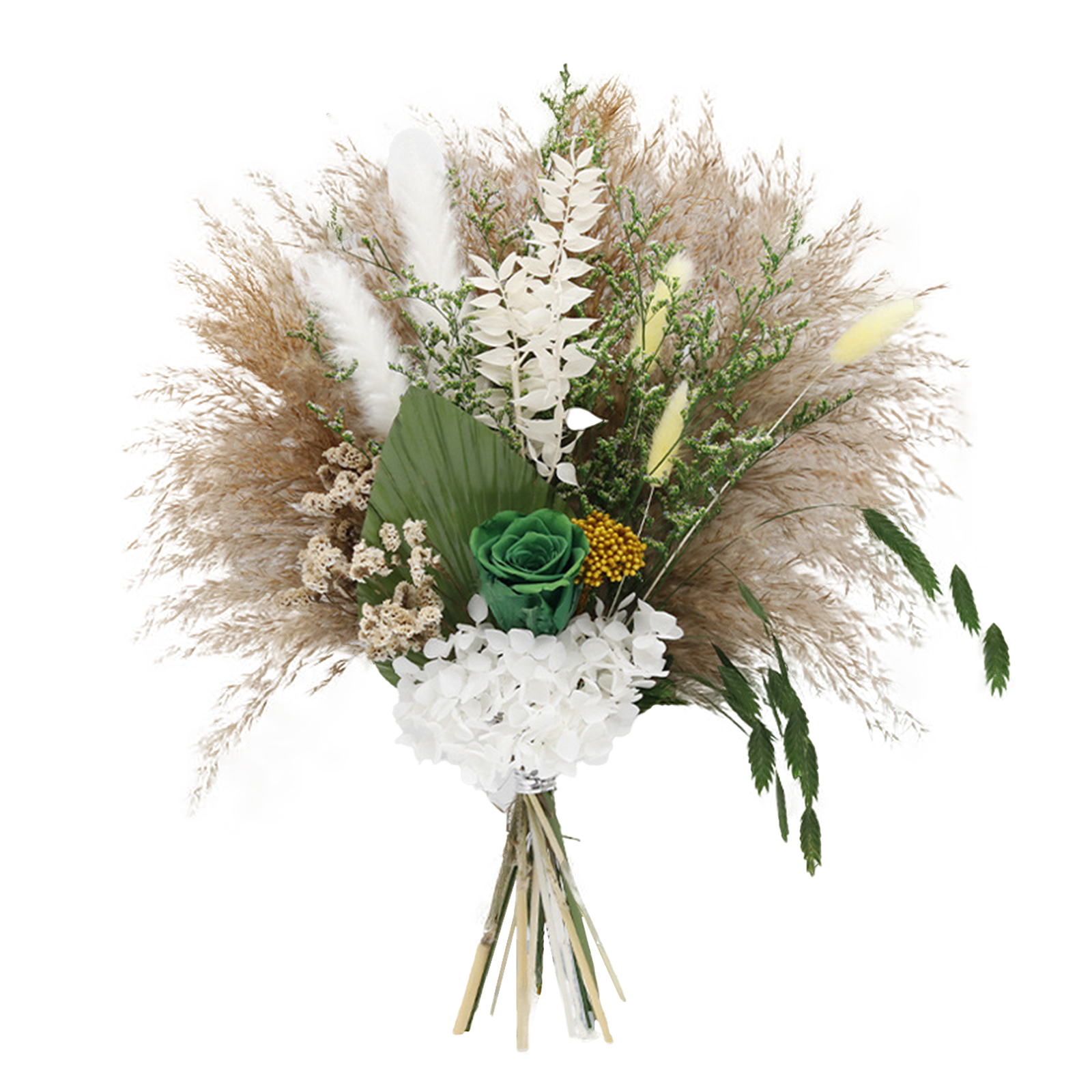 Ein Hochwertiger Trockenblumenstrauß Aus Einer Mischung Natürlicher Und Konservierter Blumen, Darunter Pampasgras Und Rosen. [004]