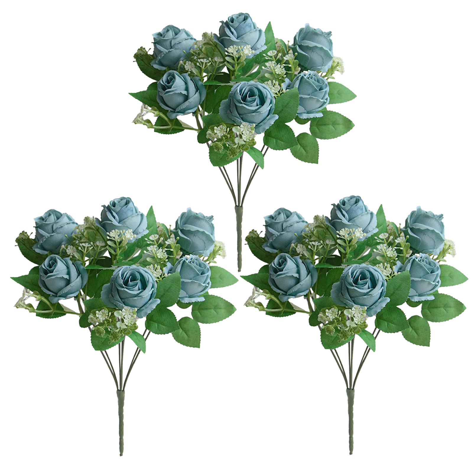 (blau, 7 Köpfe, 33 Cm) Strauß Aus 3 Künstlichen Rosen Mit 7 Köpfen Für Hochzeitsdekoration, Künstliche Blumen Für Fotografie, Accessoires, Kunstblumen (3 Stiele Pro Beutel)