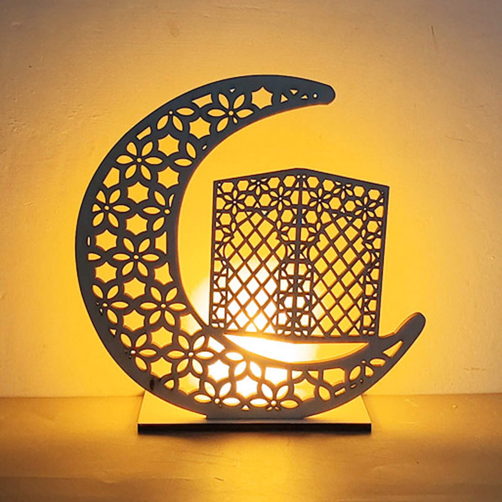 (kerze Enthalten, Eingebaute Batterie Nicht Enthalten) Rasterbuch (15 X 15 Cm) Dekorative Lampe Für Ramadan (muslimischer Feiertag) Mit Stern Und Mond, Handgefertigte Led-lampe Aus Holz (betrieb Mit 3