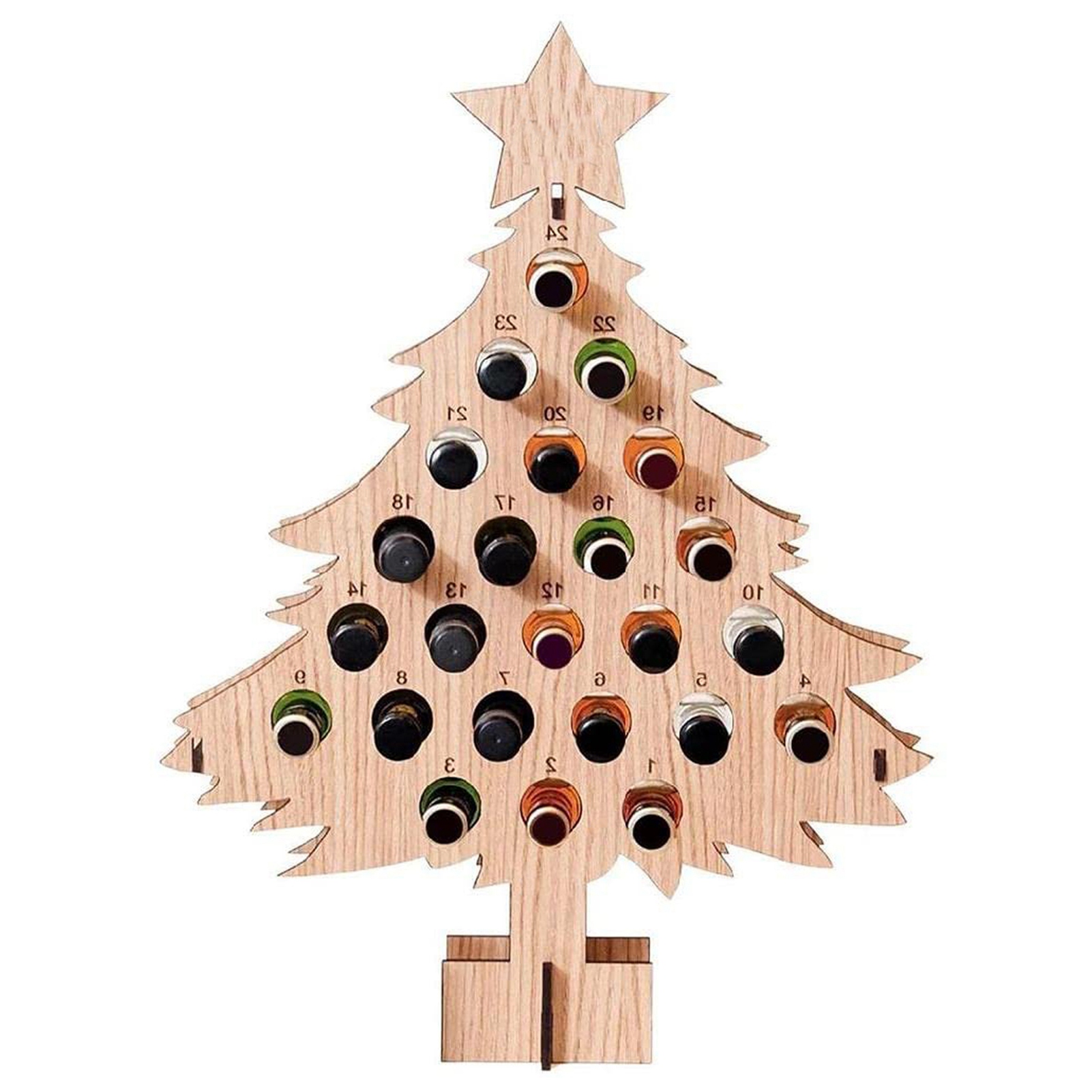 Weihnachtlicher Weinflaschenhalter Für Erwachsene In Form Eines Weihnachtsbaums, Größe L, Aus Holz, Mit Adventskalender. Dekoratives Weinregal Für Weihnachten.