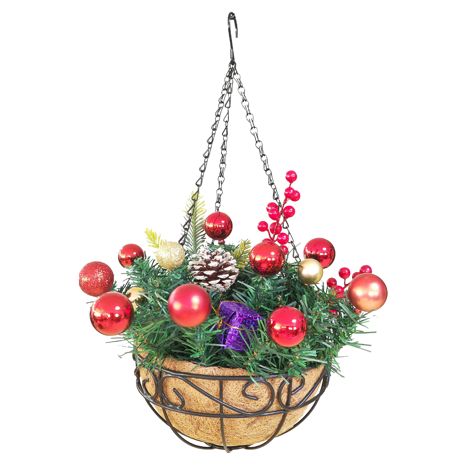 Hängender Weihnachtskorb Aus Spitze (35,5 Cm) – Eisen, Kunststoff Und Kokosfaser. Dekorativer Blumenkorb.