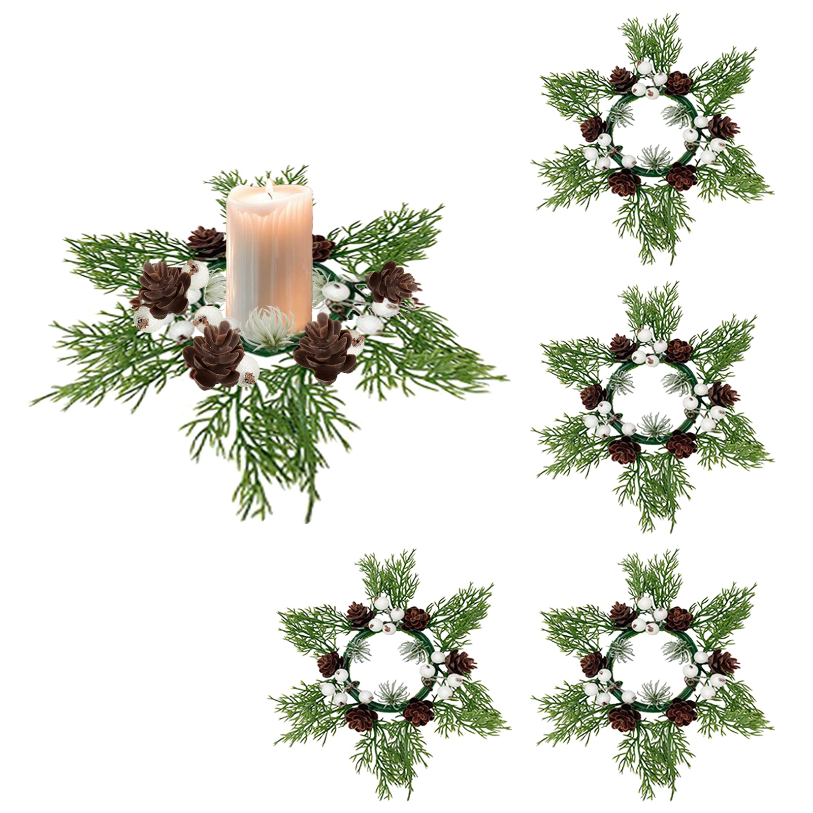 Künstlicher Weihnachtskranz (4-teilig) Mit Tannenzapfen, Weißen Beeren Und Zweigen. Miniaturkranz, 22 Cm, Braun, Ideal Zur Dekoration Von Küche Oder Wohnung.